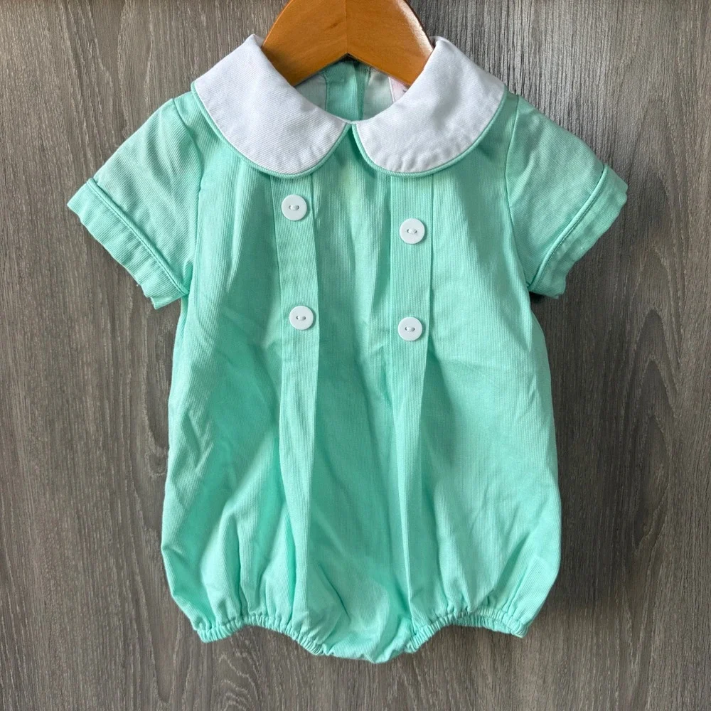 The Smocking Place Bubble Romper Boy 6M Mint Green Preppy Peter Pan Collar Pique